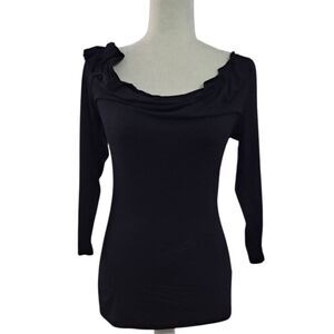 Deletta Anthropologie Women's 3/4 Sleeve Black Boat Neck Ruche Rayon Sz XS